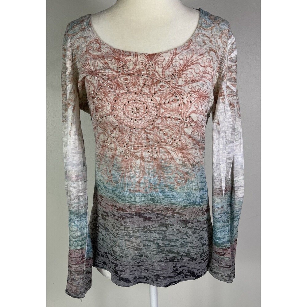 Vtg Y2K Womens Top Small Embellished Studded Burnout Long Sleeve Tee 90s Grunge